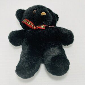 Vintage 1990 Balloon Club Black Bear Plush 12” Red Plaid Christmas Bow Ribbon